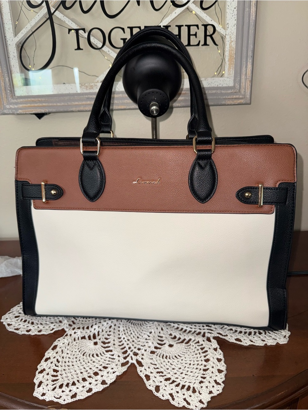 Classic Tri-Color Laptop Tote Bag — White, Brown & Black